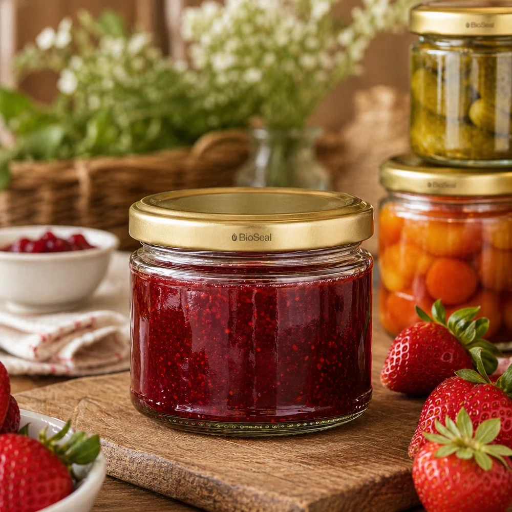 330ml kulatá sklenice + zlaté víčko BioSeal UNiTWIST UniTWIST Runda330 Glas gefüllt mit Erdbeermarmelade zeigt praktische Verwendung für hausgemachte Konfitüren und Aufstric