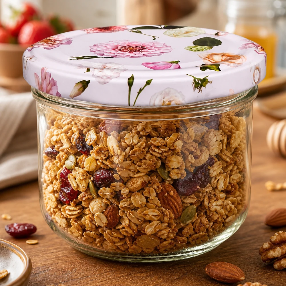 Vorratsglas 260ml mit rosa Blumendeckel gefüllt mit Müsli und Nüssen - praktische Aufbewahrung für Küche