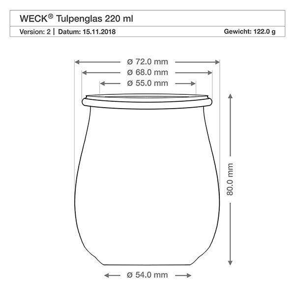 220ml tulipánová sklenice WECK RR60 s dřevěnou kuličkou buk WECK Tulpenglas 220ml RR60 technische Zeichnung mit Maßangaben, Durchmesser und Höhe in Millimetern