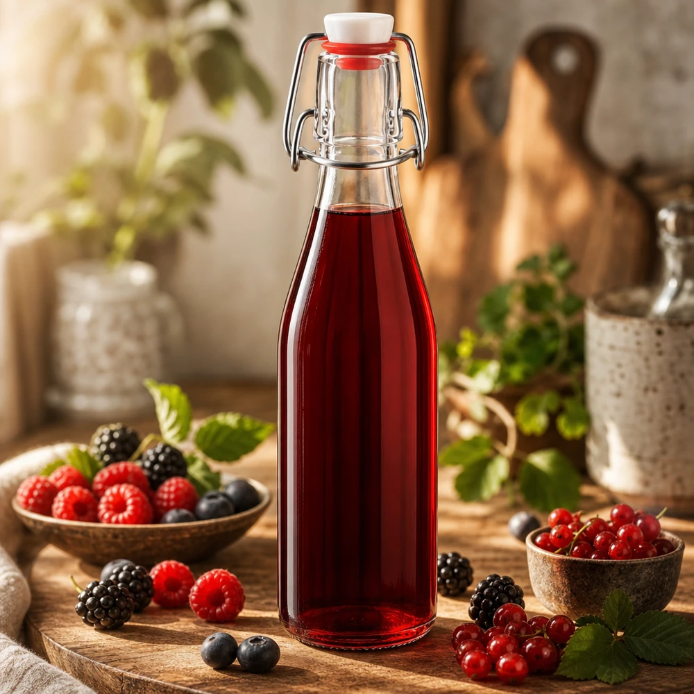 250ml skleněná láhev + výkyvný vršek PVC UNiTWIST 250ml Glasflasche mit Bügelverschluss gefüllt mit rotem Beerensaft, umgeben von frischen Beeren in rustikaler Küche