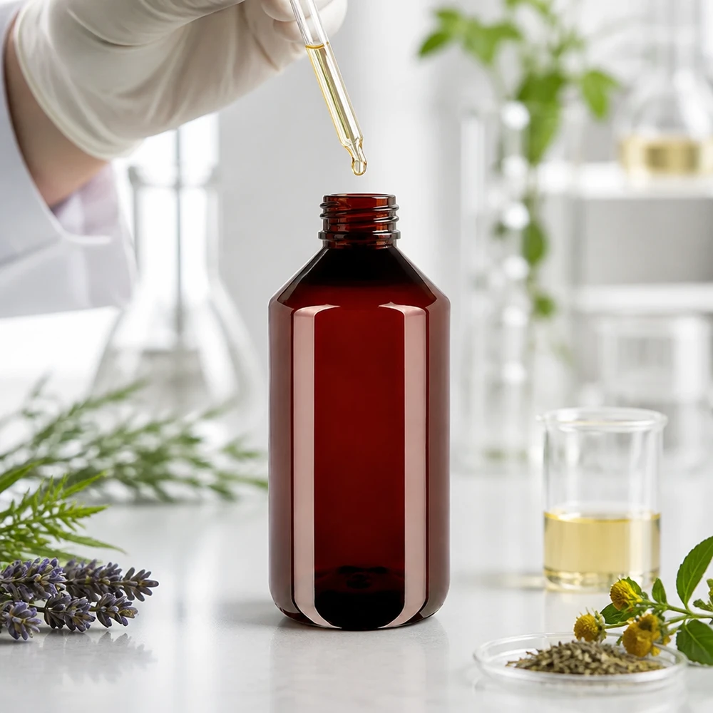 PET láhev 750ml s bílým/červeným uzávěrem s možností manipulace s ním. Hnědá PET láhev o objemu 750 ml s kapátkem v moderní laboratoři obklopené léčivými bylinami