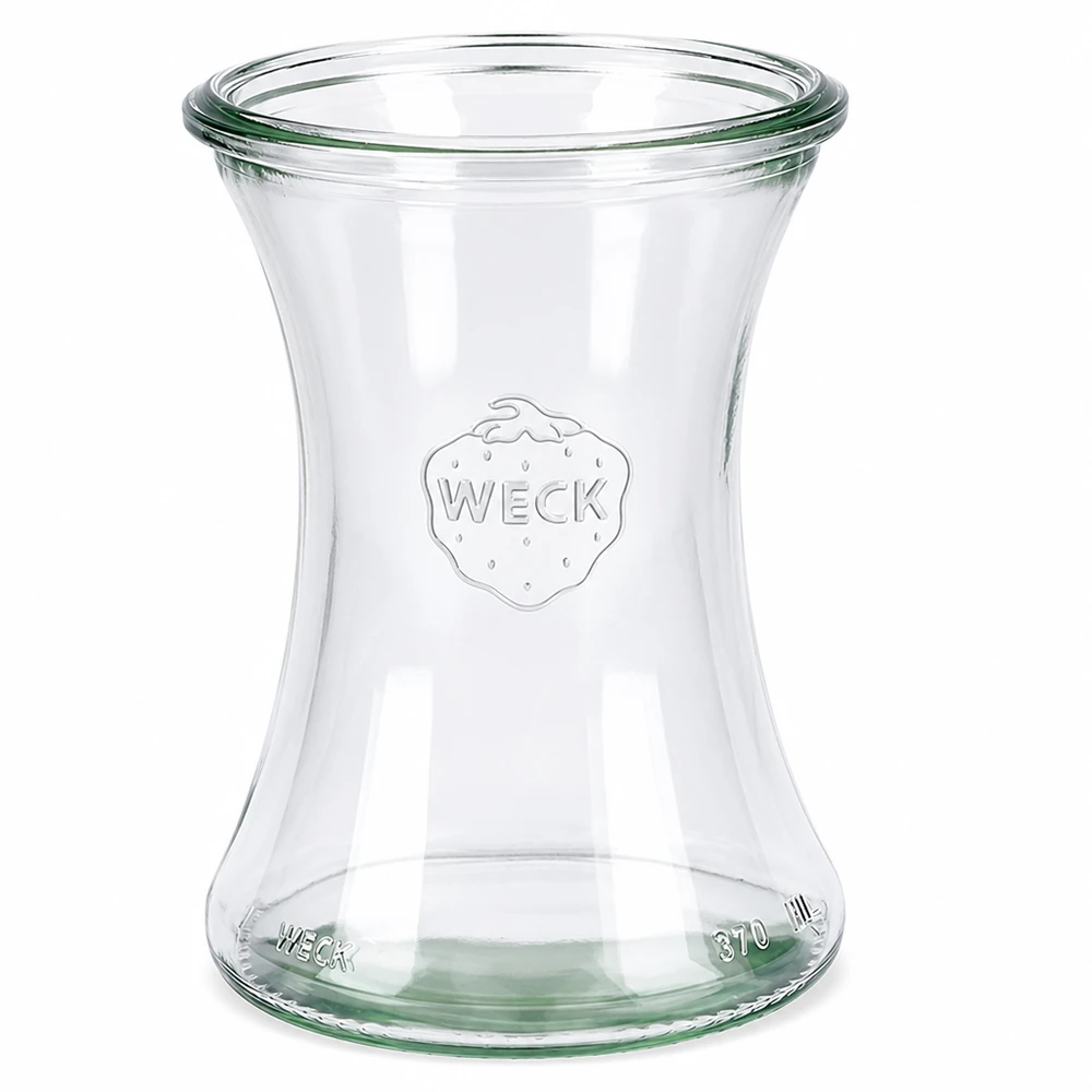 370ml sklenice na lahůdky WECK RR80 s dřevěným dřevem. WECK Delikatessenglas 370ml RR80 aus klarem Glas mit eingeprägtem Logo und Volumenangabe