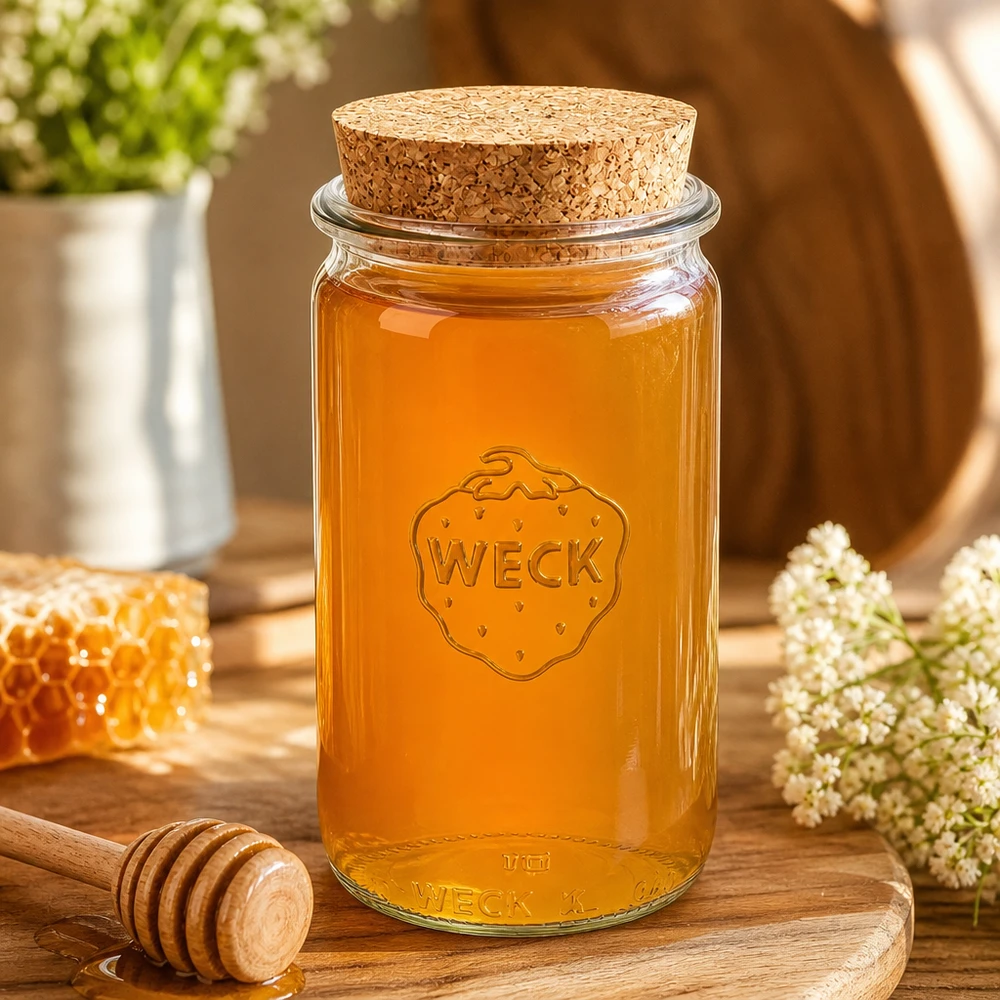WECK Honigglas 340ml RR60 mit Korkenverschluss auf Holzbrett zwischen Waben und Blüten zeigt natürliche Aufbewahrung