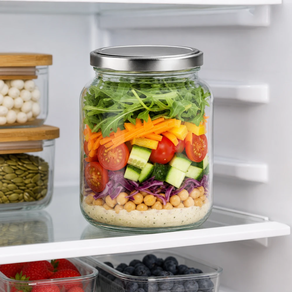 370ml oválná skleněná nádoba s víčkem BasicSeal stříbrná UNiTWIST. 370ml Ovalglas mit BasicSeal Deckel als Meal Prep Salat im Kühlschrank mit Schichtsalat und frischen Zutaten
