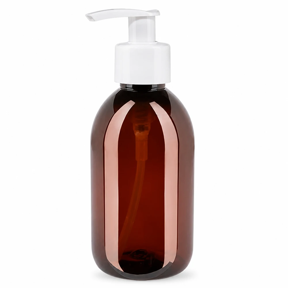 PET láhev 250ml s dávkovací pumpičkou bílá Runde PET Dispenserflasche 250ml bernsteinfarben UV-Schutz mit weisser Lotionspumpe
