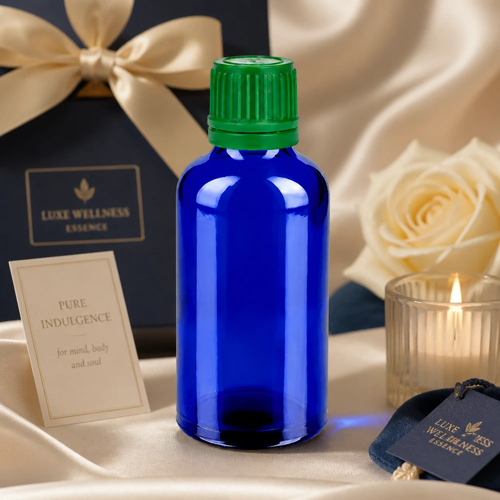 50ml láhev 11mm šroubovací uzávěr zelený uzávěr BlueLine UT18/50 Stilvolle 50ml Flasche aus blauem Spezialglas mit grünem Verschluss für Premium-Hautpflege