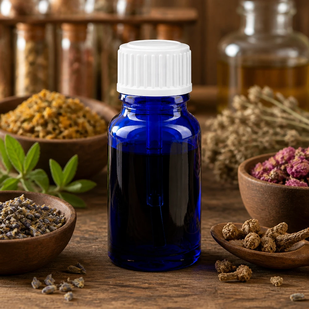 10ml blaue Tropfflasche aus Apothekerglas mit weißem Pinselaufsatz für Kräuterextrakte