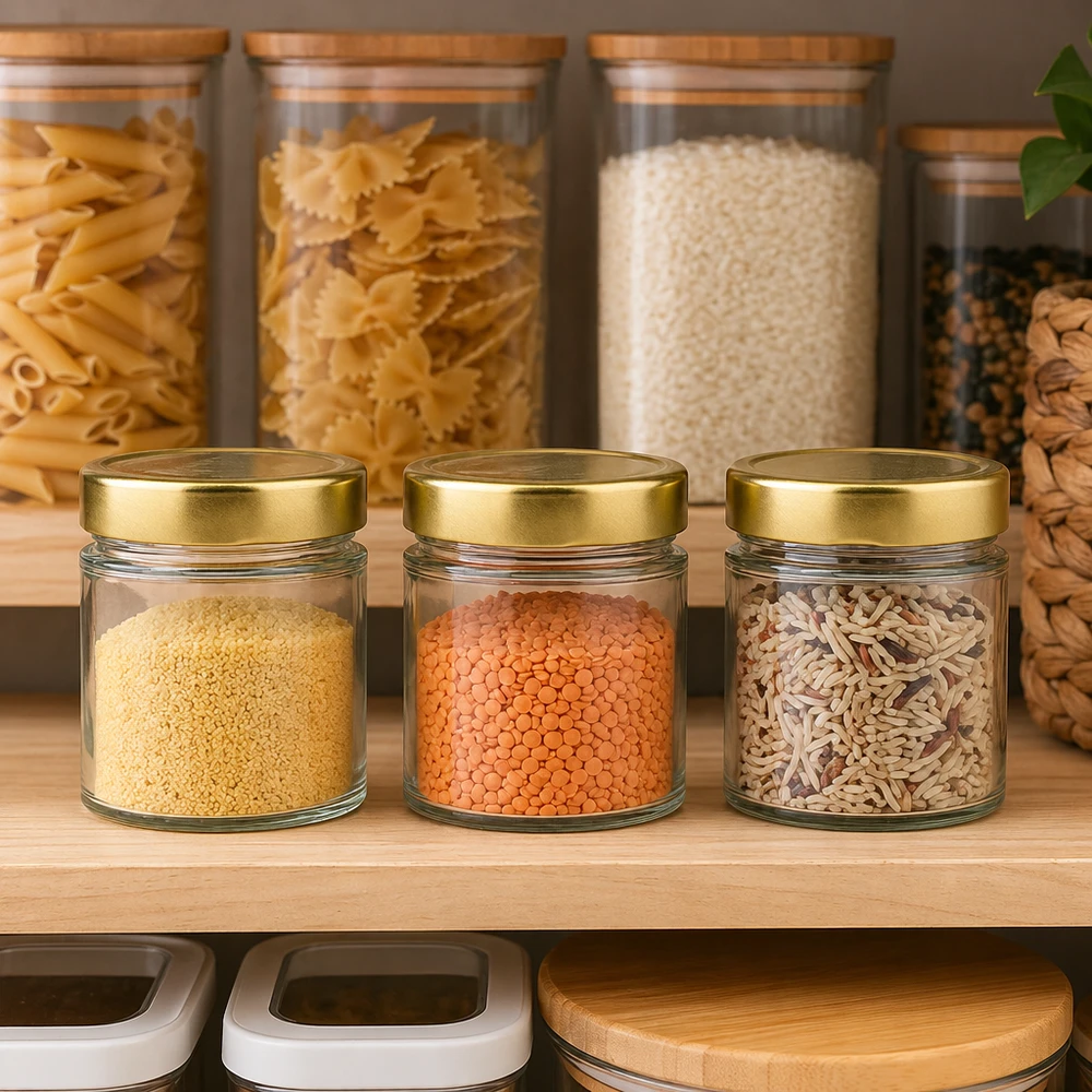 154ml kulatá sklenice s víčkem BasicSeal zlatá hluboká UNiTWIST 154ml Rundglas BasicSeal gold in Pantry-Szenerie mit Hülsenfrüchten Reis Pasta Vorratshaltung Küchenschrank