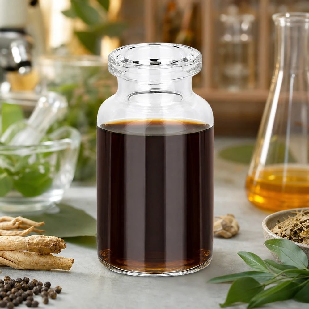 Injekční láhev z čirého skla 10ml Zylindrische Injektionsflasche 10ml Klarglas mit dunklem Kräuterkonzentrat und getrockneten Wurzeln