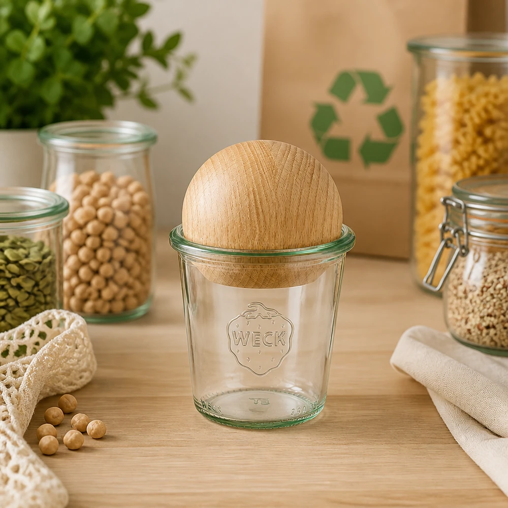 WECK Sturzglas 290ml RR80 mit Buchenkugel in nachhaltiger Zero-Waste-Küche zwischen Vorratsglasern und Recyclingsymbol
