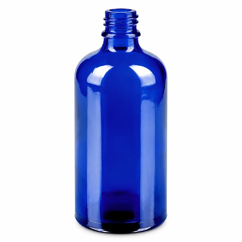 100ml lahvička s rozprašovačem žlutá/transparentní standardní uzávěr BlueLine UT18/100 Kompakte blaue Glassprayflasche 100ml mit feinem Sprühnebel für Gesichtswasser