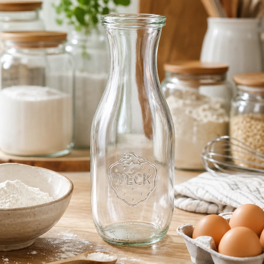 WECK Saftflasche 1062ml leer in Küche mit Backzutaten Mehl Eiern und Vorratsgläsern auf Holzarbeitsplatte