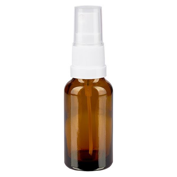 Lékárenská lahvička hnědá 20ml s rozprašovacím víčkem bílá Lékárenská lahvička hnědá 20ml s rozprašovacím víčkem bílá