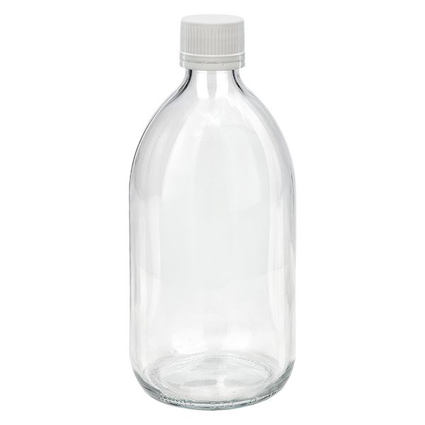 500ml lahvička na léky čirá, uzávěr bílý/jemný s kroužkem proti neoprávněné manipulaci ApoGlas 500ml lahvička na léky čirá, uzávěr bílý/jemný s kroužkem proti neoprávněné manipulaci ApoGlas