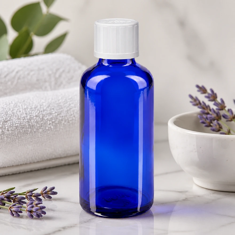 Kleine blaue Apothekerflasche 50ml weißer KiSi-Verschluss neben gefalteten Handtüchern