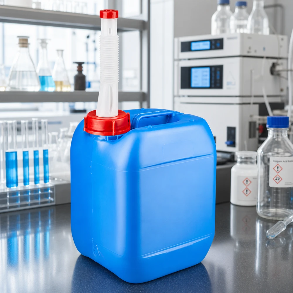 Vierkant-Kanister 5L blau mit ergonomischem Griff und flexiblem Dosierrohr für Chemikalien