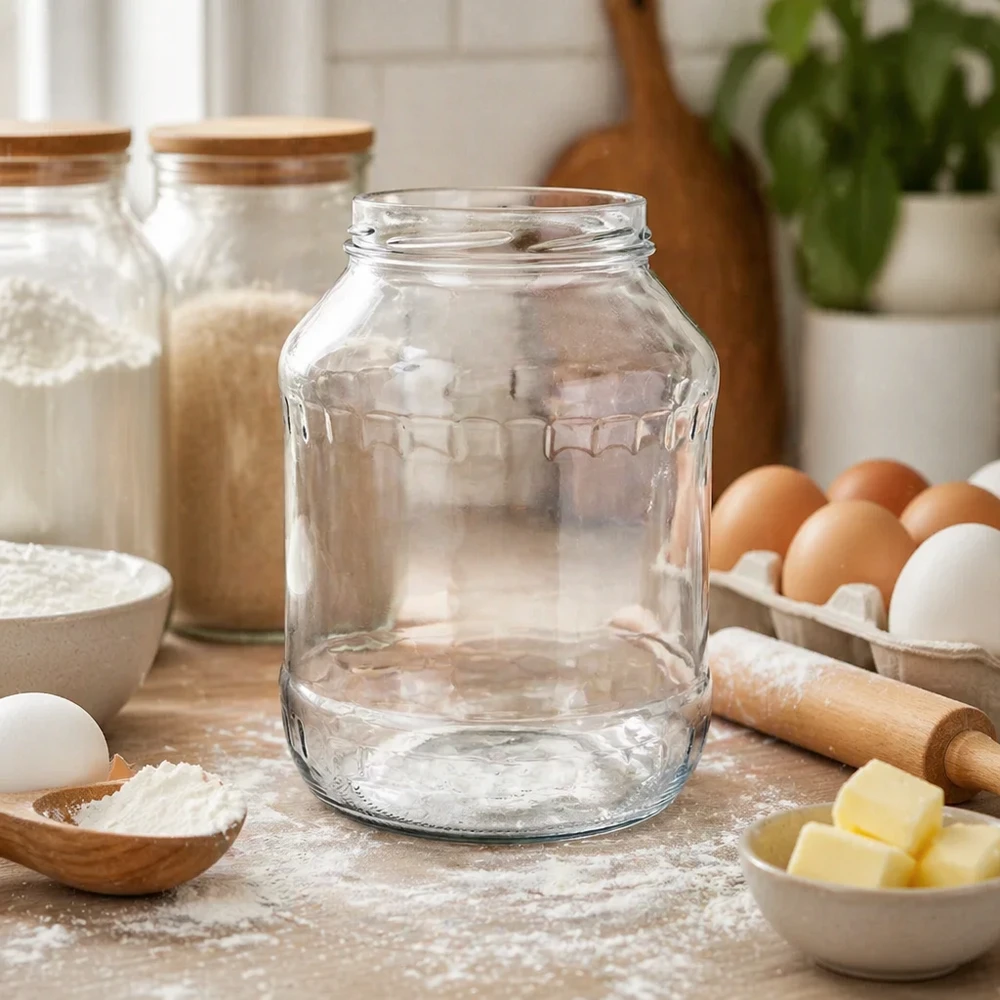 Kulatá nádoba o objemu 2650 ml bez víčka (TO100) UNiTWIST UNiTWIST Runda2650 Sturzglas 2650ml leer auf Küchentisch mit Backzutaten Eiern Butter Mehl Küchenszene TO100 Gewinde