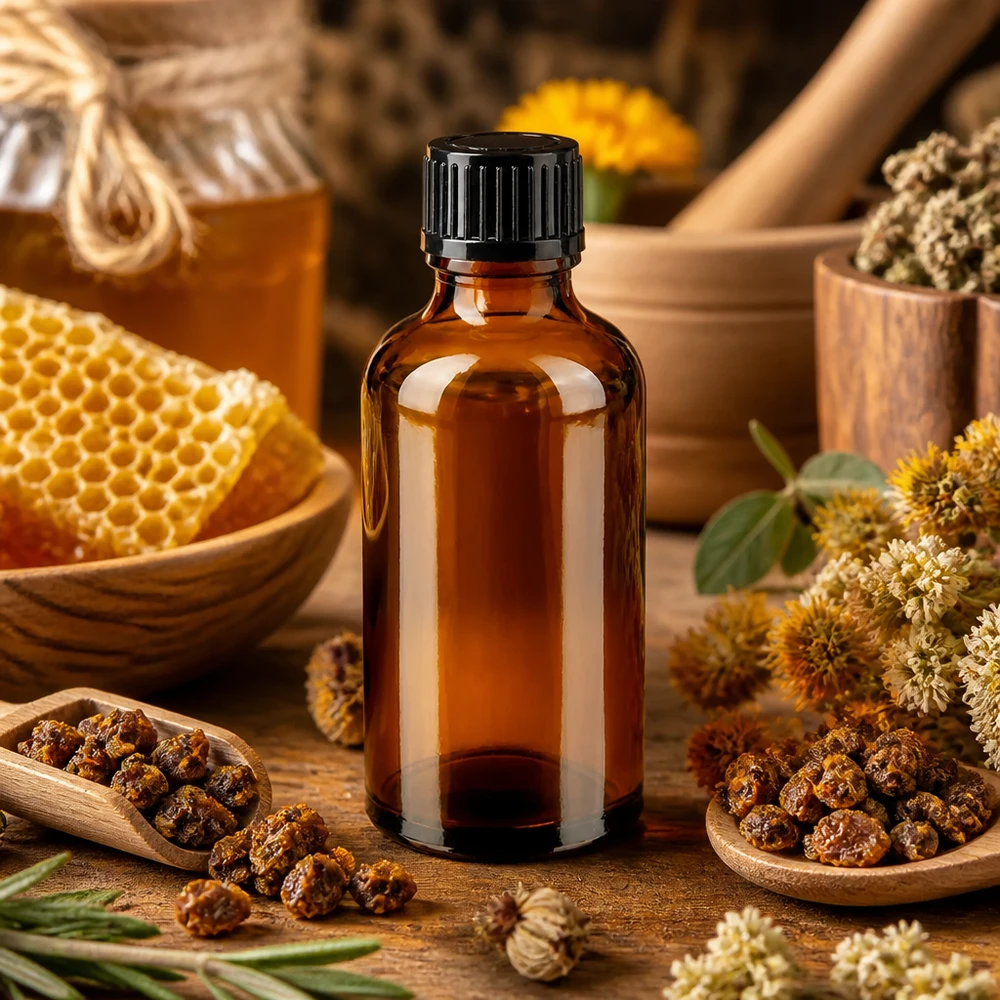 Braune Glasflasche 50ml mit schwarzem Deckel für Bienenharzprodukte und naturmedizinische Anwendungen