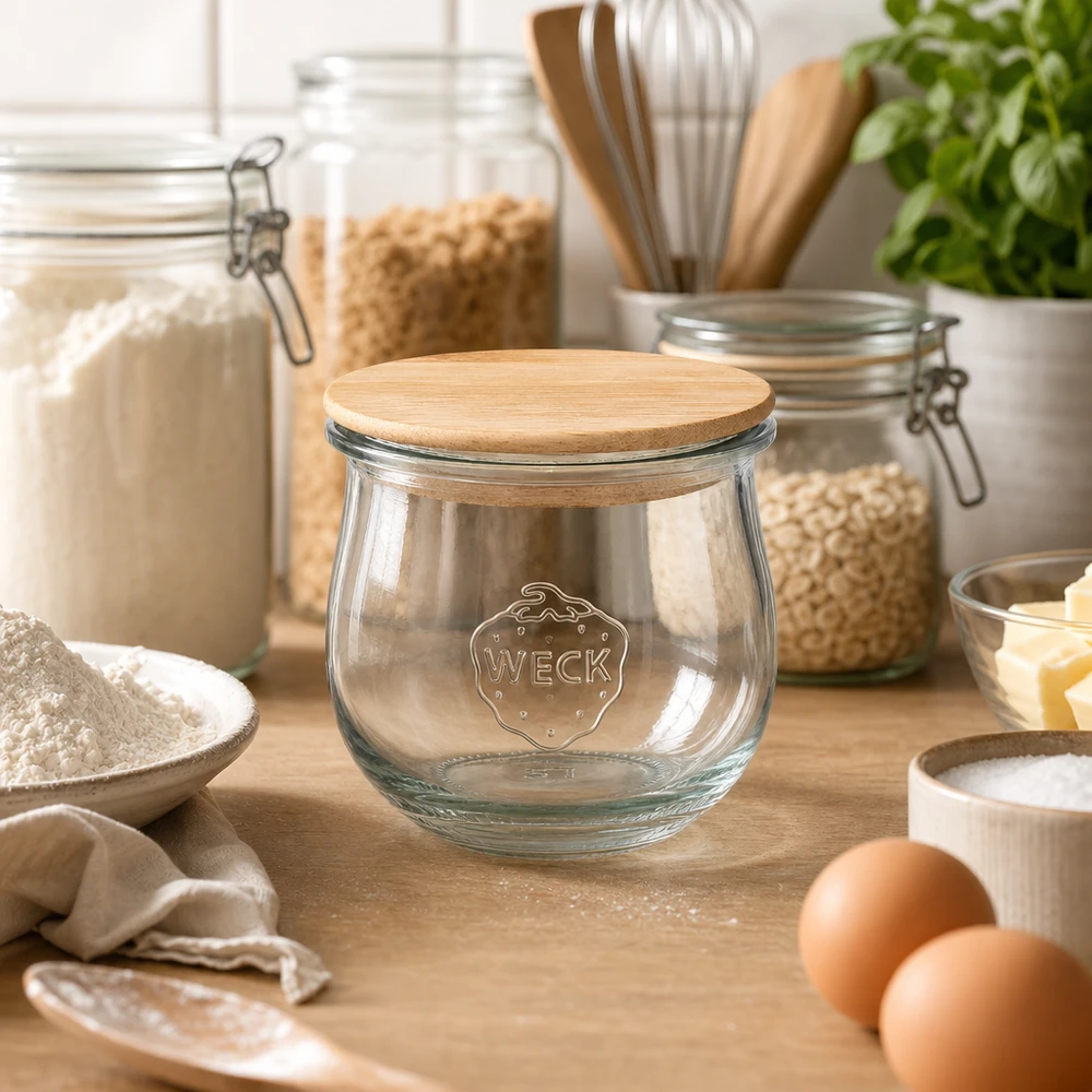 370ml tulipánová sklenice WECK RR80 s dřevěným víčkem WECK Tulpenglas 370ml RR80 mit Holzdeckel in moderner Küche zwischen Vorratsgläsern und Backzutaten arrangiert