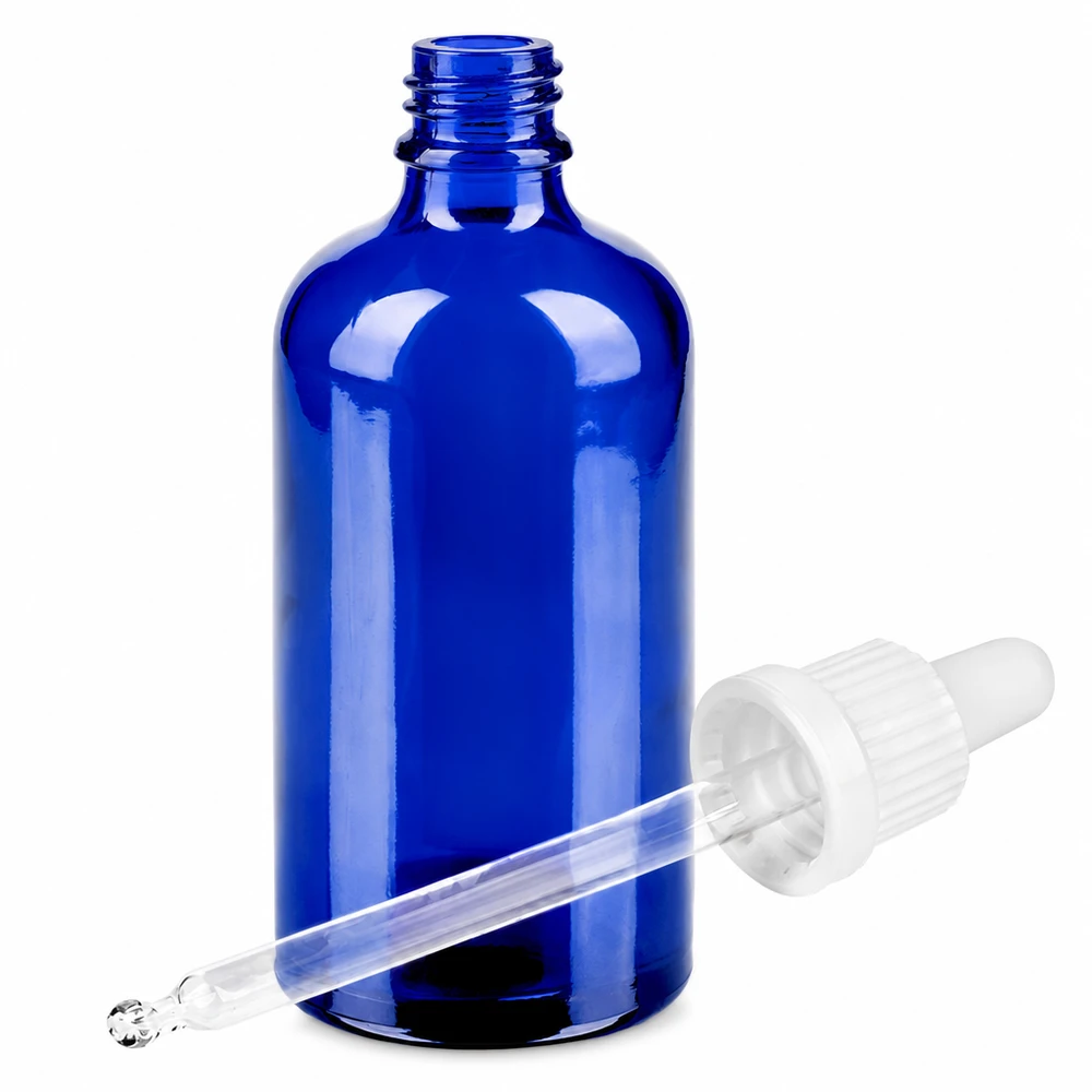 Professionelle blaue Pipettenflasche 100ml mit weißem Tropfer für genaue Abfüllung