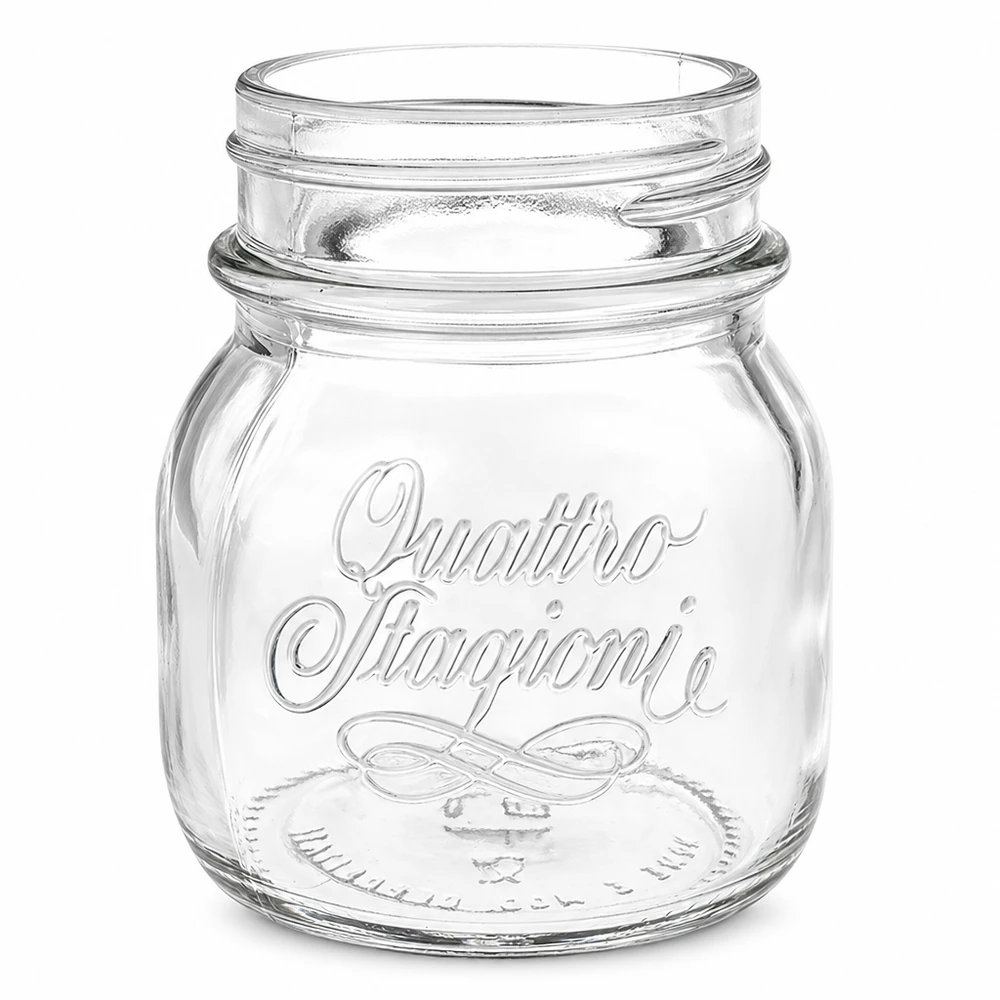 150ml kulatá sklenice "Quattro Stagioni" QS56mm 150ml Quattro Stagioni Einmachglas aus klarem Glas mit geprägtem Schriftzug und Schraubgewinde