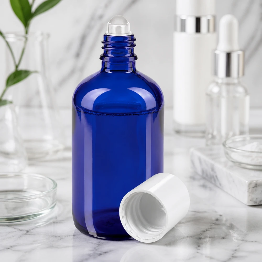 Lékárenská lahvička modrá 100ml roll-on s uzávěrem bílá Hochwertige 100ml blaue Glasflasche mit Rollapplikator für ätherische Öle