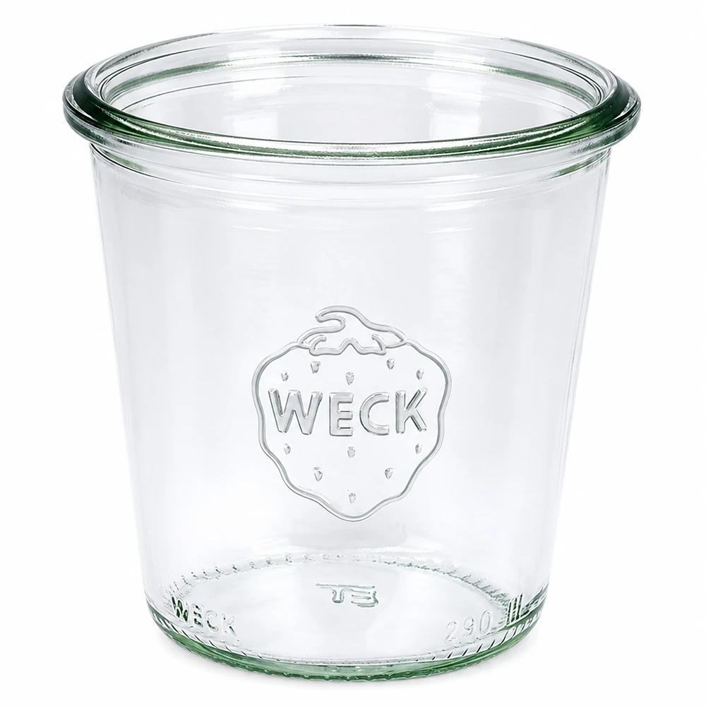 290ml vysoké sklenice WECK RR80 s dřevěným víčkem. WECK Sturzglas 290ml RR80 hoch transparent mit WECK Logo für Einmachen und Konservieren