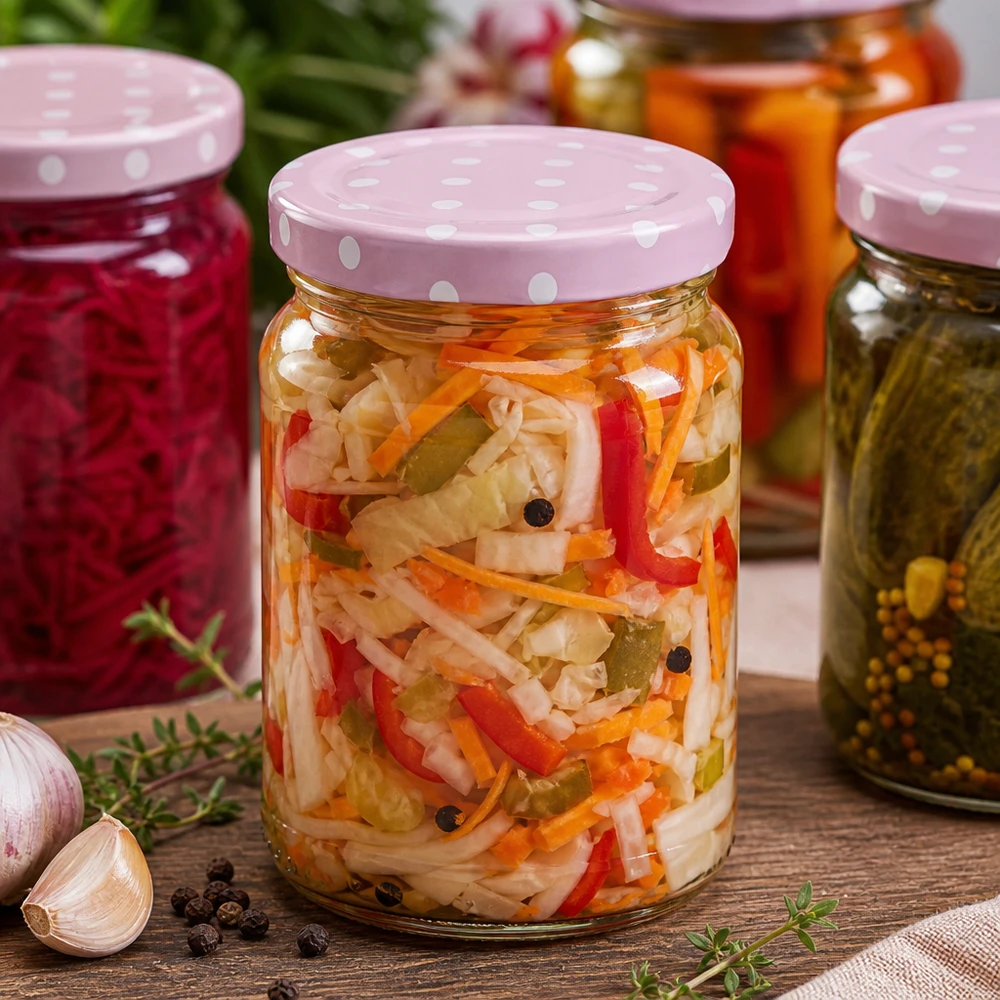 205ml kulatá sklenice + víčko BasicSeal s tečkami růžové UNiTWIST 205ml Rundglas mit rosa Punkte-Deckel gefüllt mit buntem Gemüse-Mix neben anderen Konservengläsern auf Holztisch