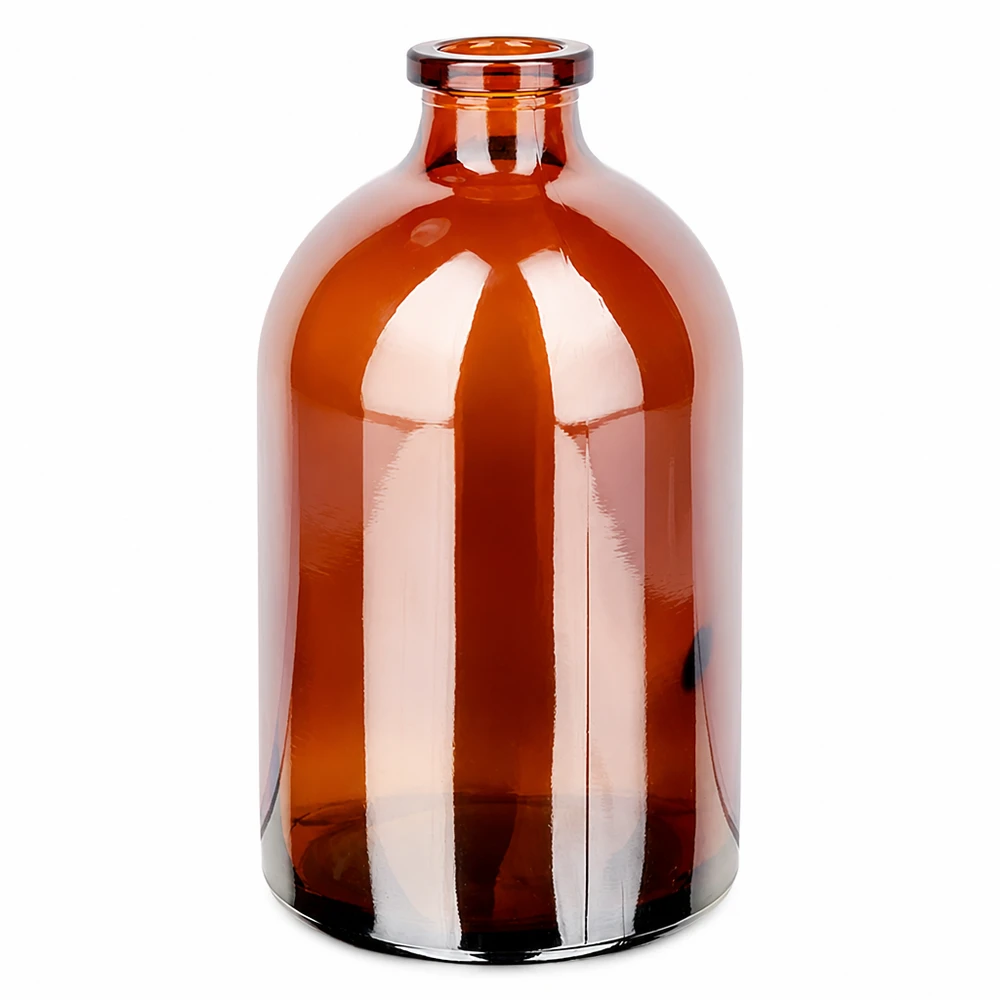 Injekční lahvička z jantarového skla 100ml Medizinische Injektionsflasche 100ml in Braunglas mit glatter Oberfläche und stabilem Flachboden
