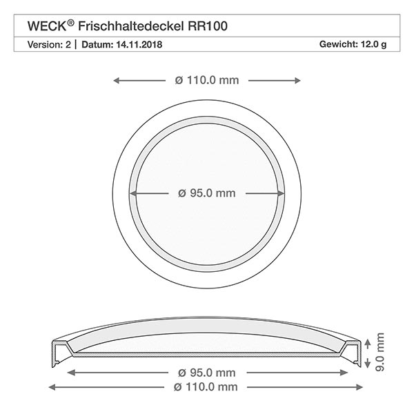 1500ml tumblery s čerstvým víčkem WECK RR100 Technische Zeichnung WECK Frischhaltedeckel RR100 mit Maßangaben 110mm und 95mm Durchmesser für Gugelhupfglas