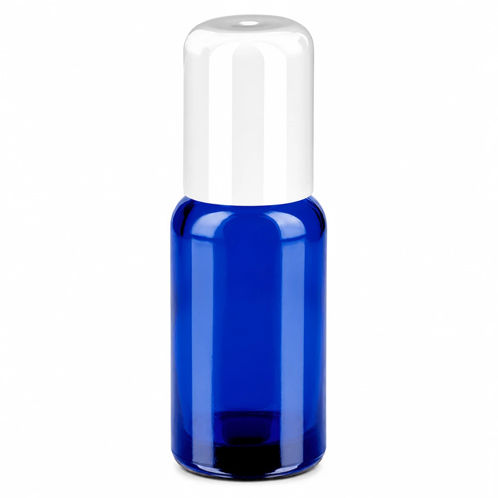 20ml roll-on lahvička bílá standardní uzávěr BlueLine UT18/20 Kompakte Roll-On Flasche 20ml blau weiss für Seren Öle und flüssige Kosmetikprodukte