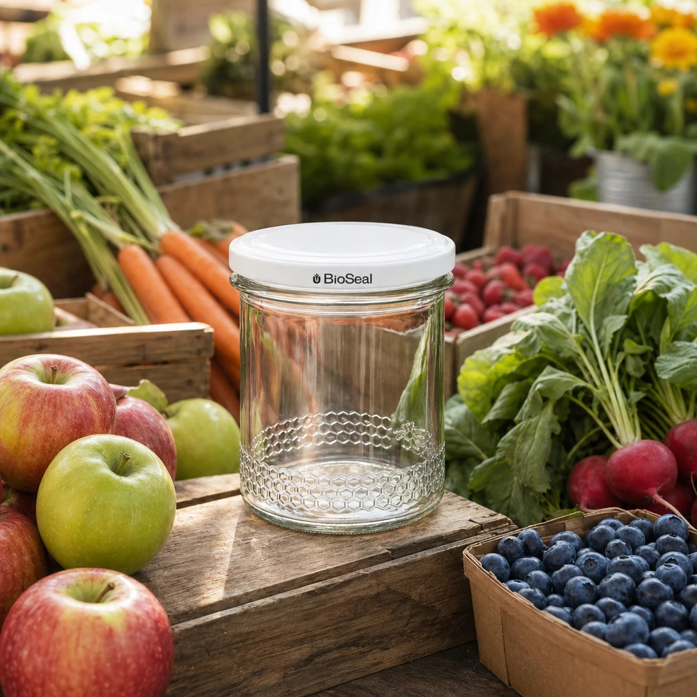 560g Honigglas + BioSeal Deckel weiß UNiTWIST Leeres 400ml Honigglas mit BioSeal Deckel zwischen frischem Obst und Gemüse zeigt vielseitige Verwendung