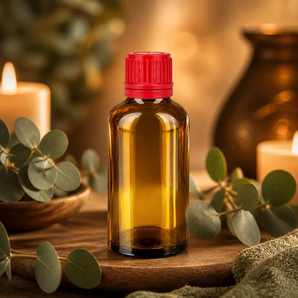 50ml láhev 11mm šroubovací uzávěr červený tamper evidentní uzávěr BrownLine UT18/50 Kompakte 50ml Glasflasche in Braun mit rotem Deckel perfekt für DIY Naturkosmetik Projekte