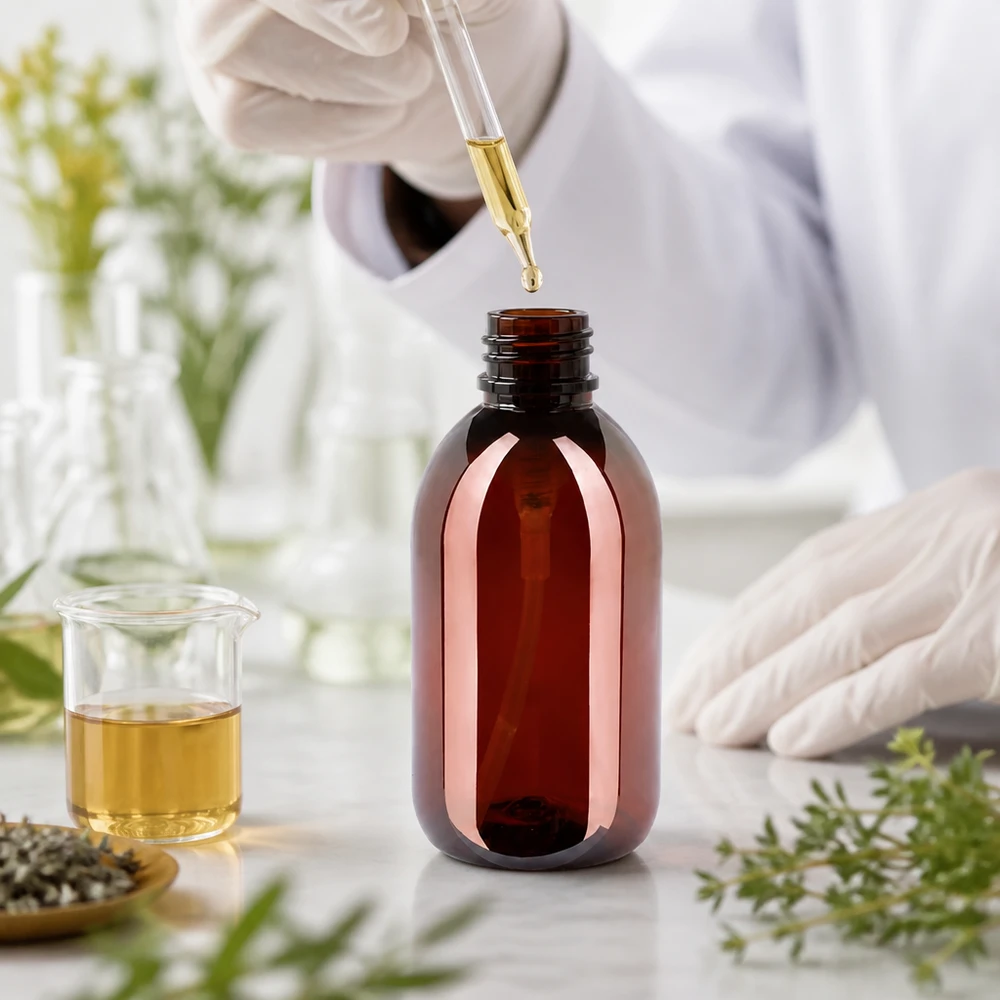 PET láhev 250ml s dávkovací pumpičkou černá Laborant plní 250ml PET láhev jantarově hnědé barvy s pipetou určenou pro přírodní kosmetiku