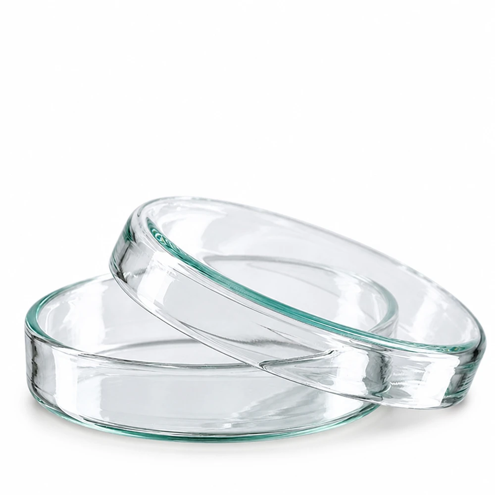 Petriho miska o průměru 60 mm z čirého laboratorního skla pro kultivaci mikroorganismů a buněčných kultur. Výška 15 mm Transparente Glaspetrischalen 60x15 stapelbar für Mikrobiologie und Laboranwendungen