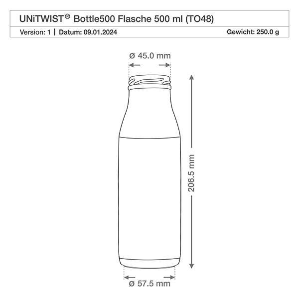 Skleněná láhev o objemu 500 ml bez víčka (TO48) UNiTWIST Technische Zeichnung 500ml Glasflasche TO48 UNiTWIST mit Maßangaben: 205,5mm Höhe, 57,5mm Durchmesser, 250g Gewicht