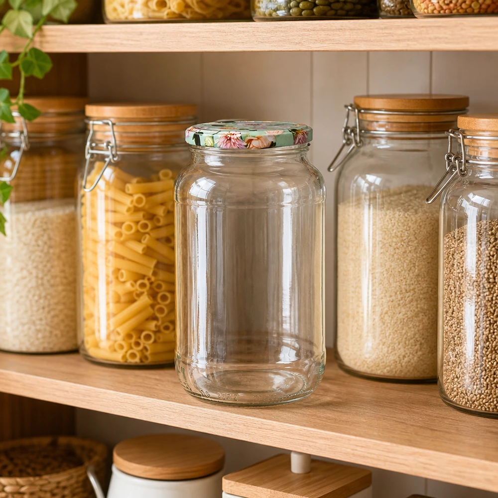 1062ml kulatá sklenice + víčko BasicSeal flower mint UNiTWIST 1062ml Rundglas mit BasicSeal Deckel mint in Pantry-Organisation neben Vorratsgläsern mit Pasta und Getreide
