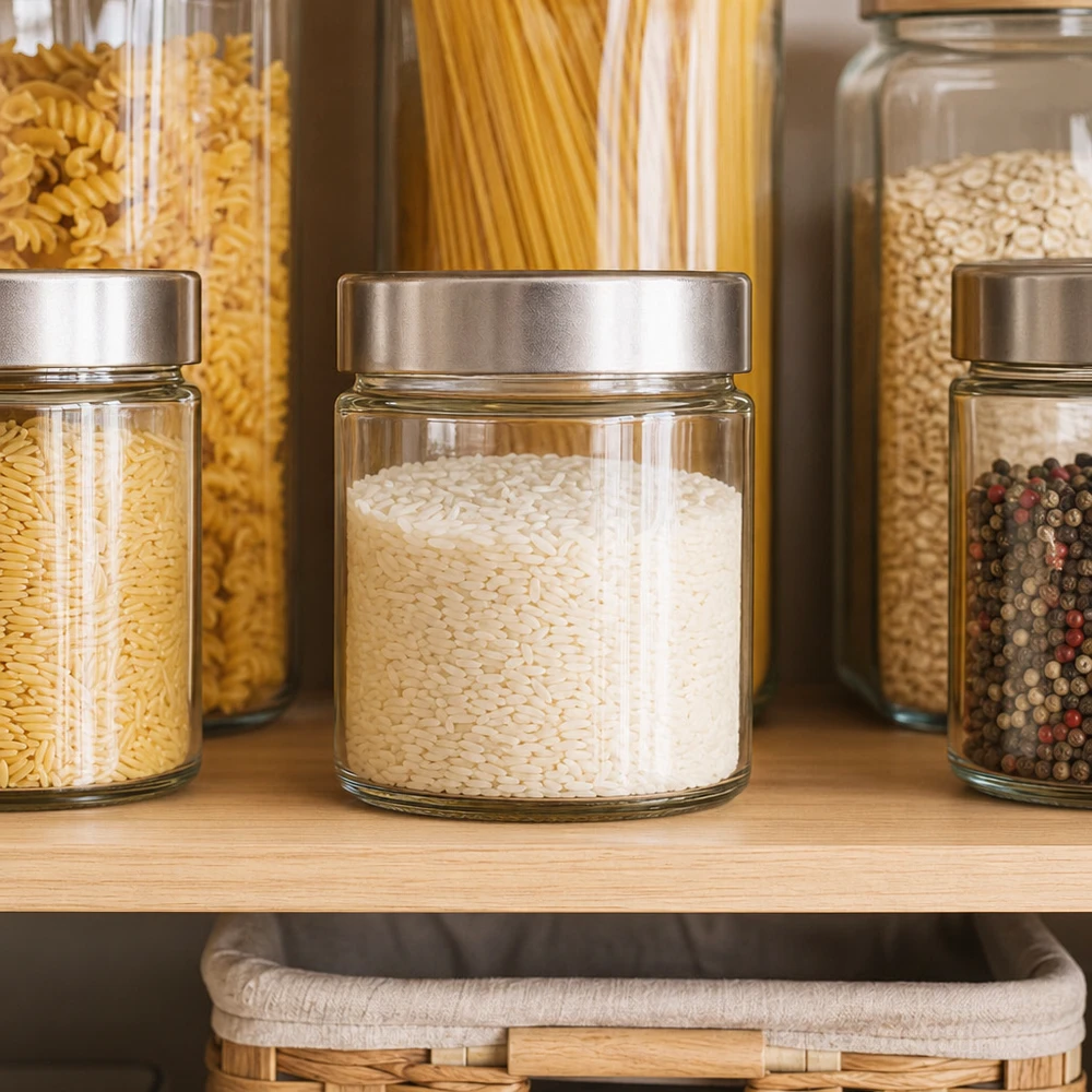 135ml Rundglas silber Deckel Pantry Organisation mit Reis Nudeln Pfeffer systematische Küchenaufbewahrung Vorratshaltung