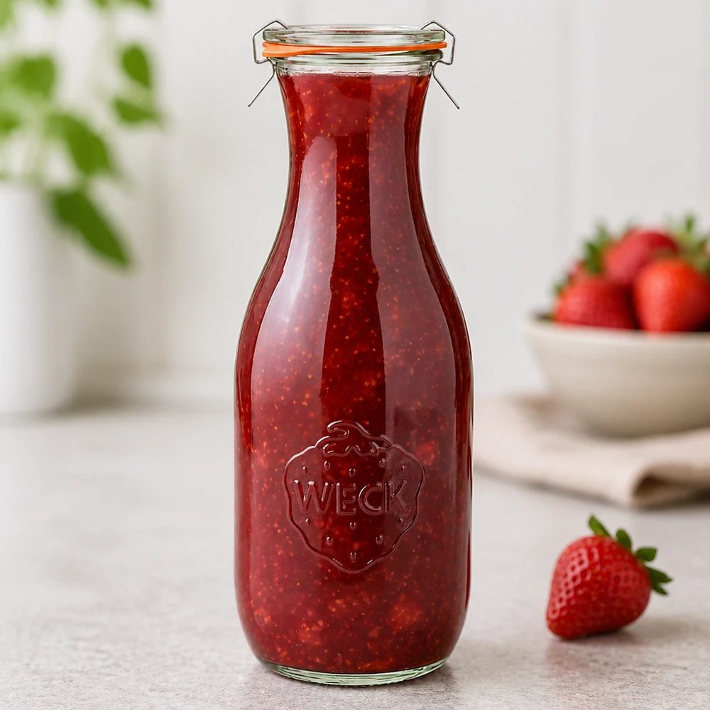 1062ml láhev na šťávu kompletní WECK RR60 WECK Saftflasche 1062ml RR60 mit Erdbeerkonfitüre gefüllt zeigt eingeprägtes Logo und Bügelverschluss Detail