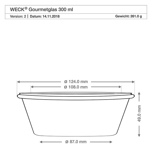 Gurmánská sklenice 300 ml WECK RR120 Technische Zeichnung WECK RR120 Gourmetglas 300ml mit Maßangaben Durchmesser 124mm 108mm 87mm Höhe 49mm