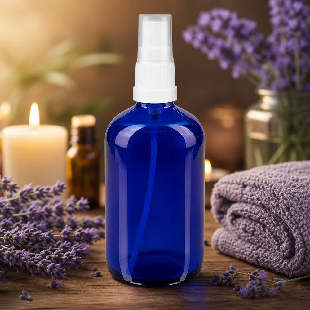 Nachfüllbare blaue 100ml STD Sprayflasche aus Apothekerglas für Naturkosmetik und Wellnessprodukte