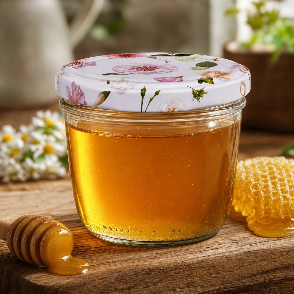 230ml Sturzglas mit Honig gefüllt BasicSeal Deckel Blumenmuster Honigglas mit Wabenhonig und Holzdipper Küche