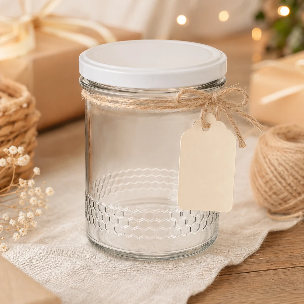 400ml Honigglas mit Juteschnur und Geschenkanhänger rustikale Dekoration BasicSeal Deckel weiß UNiTWIST System