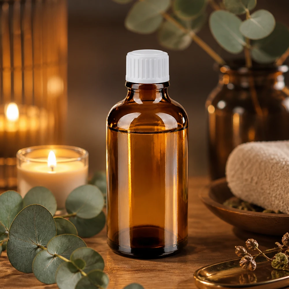 Lékárenská láhev hnědá 50ml šroubovací uzávěr bílý standardní Braunglas Flasche 50ml mit tamperevidentem Weißverschluss für Aromaöle