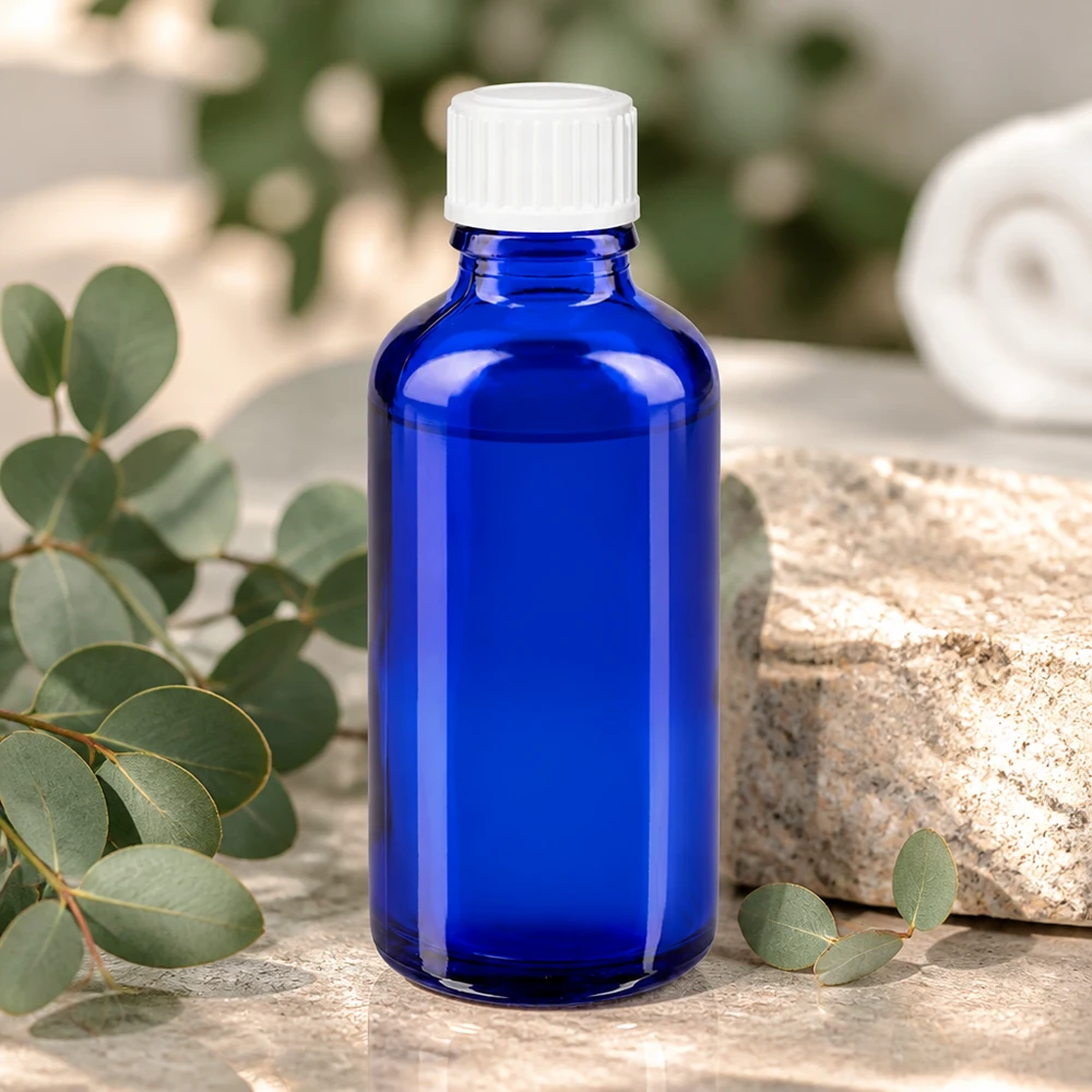 Lichtgeschützte blaue Glasflasche 50ml ideal für Aromatherapie und Kosmetikprodukte