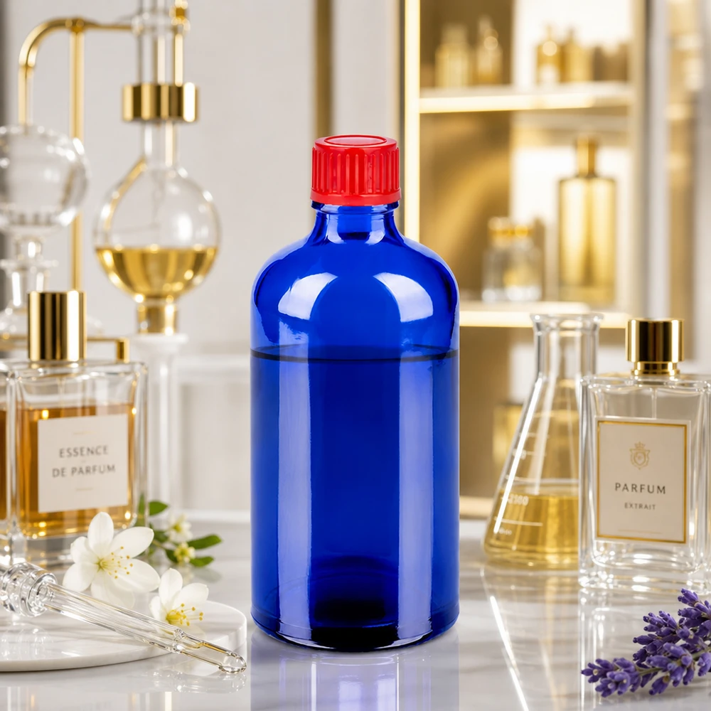 100ml lahvička 11mm šroubovací uzávěr červená Standard BlueLine UT18/100 Universelle 100ml Glasflasche STD BlueLine mit 11mm Gewinde für vielseitige Füllgüter
