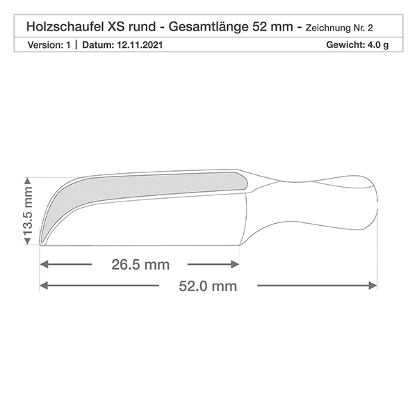 Dřevěná naběračka velikosti XS půlkruhového tvaru - délka 52 mm Detailzeichnung der kompakten Holzschaufel XS mit 3,5mm Tiefe - ideal für Gewürzdosierung in der Küche