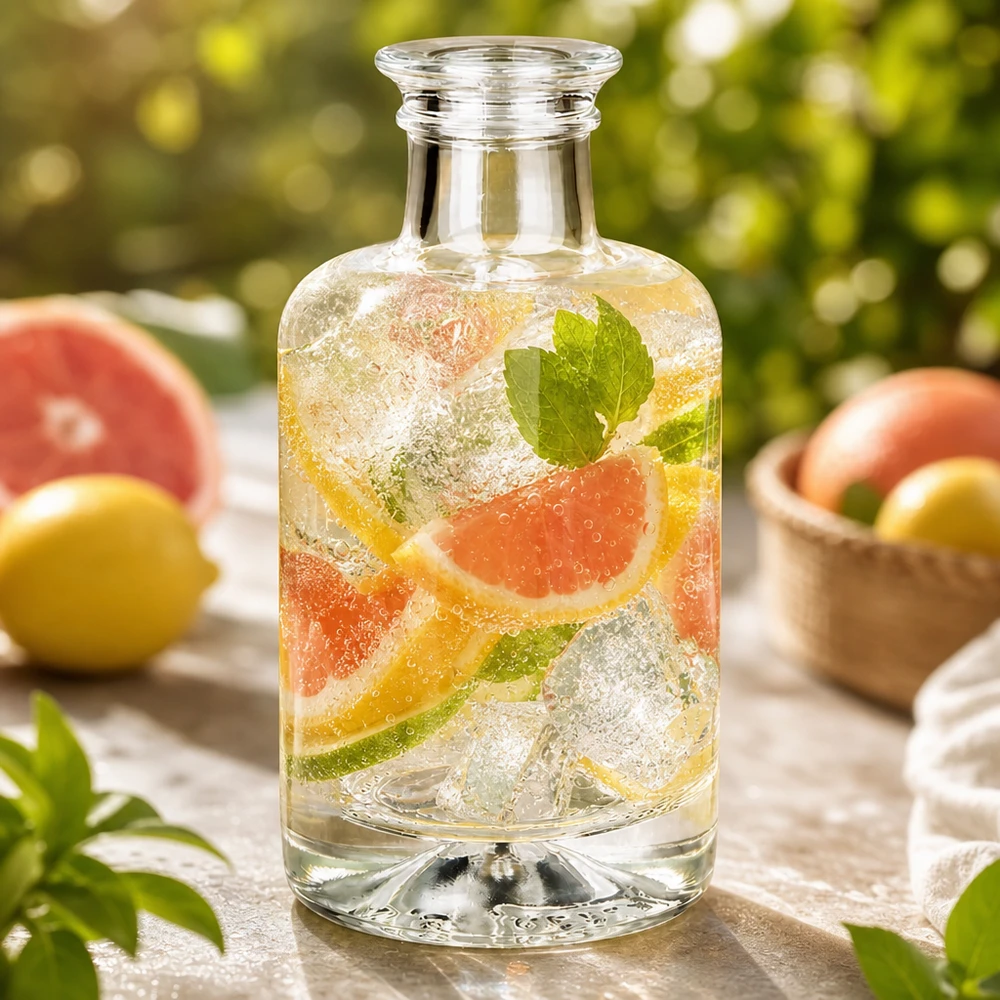 100ml Glasflasche "Sofia" ohne Verschluss UNiTWIST 100ml Glasflasche Sofia mit Infused Water Grapefruit Minze und Eis gefüllt outdoor Ambiente mit Zitrusfrüchten