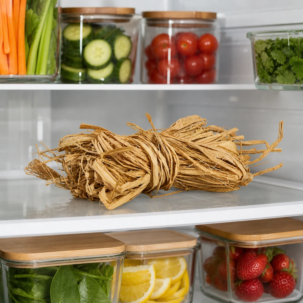 Přírodní rafie na zdobení 30g Naturbast 30g goldbeige in Kühlschrank gelagert neben Gemüse zeigt praktische Aufbewahrung für Bastelmaterial