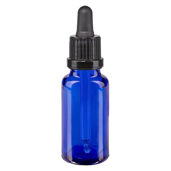 Lékárenská láhev modrá 20ml pipeta černý tamper-evidentní uzávěr Lékárenská láhev modrá 20ml pipeta černý tamper-evidentní uzávěr